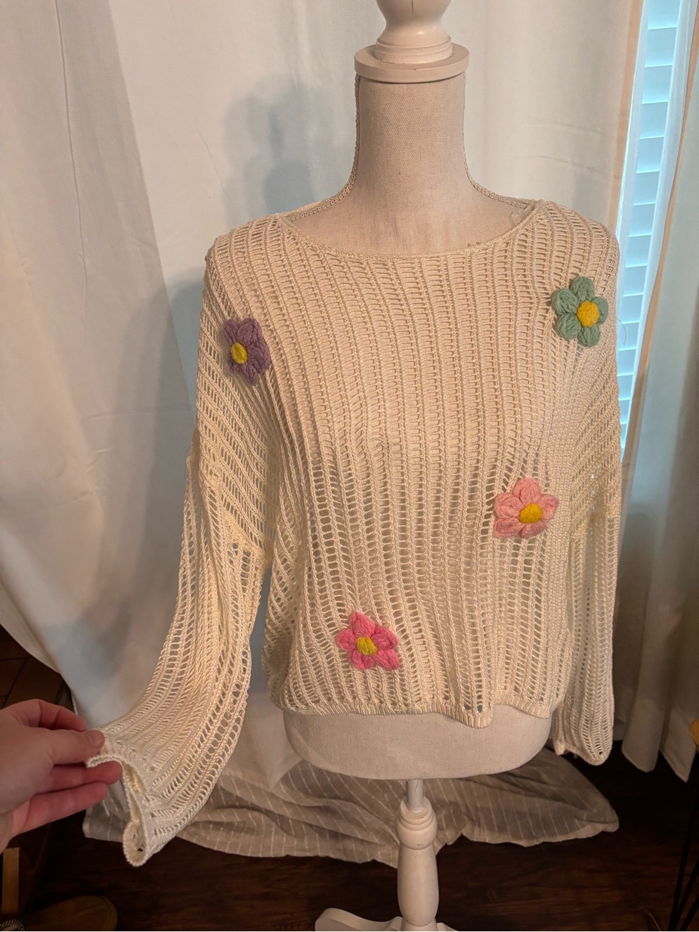 Francesca's Collections Cream Open-Knit Sweater with Floral Appliqués